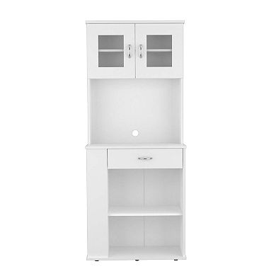 Poole Pantry Cabinet, Three Side Small  Shelves, One Drawer, Double Door Cabinet, Four Adjustable Metal Legs