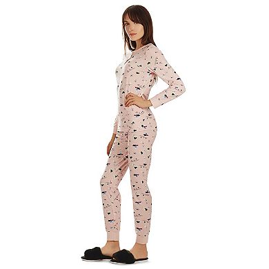 2 Piece Women's Ski Chalet Pattern Long Sleeve Tapered Bottom Pajama Set