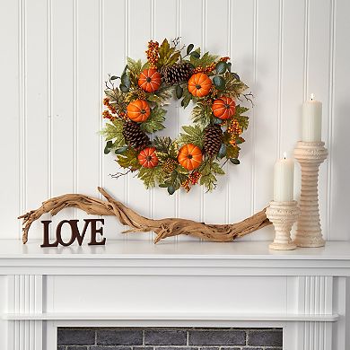 nearly natural 24" Pumpkins, Pine Cones and Berries Fall Artificial Wreath