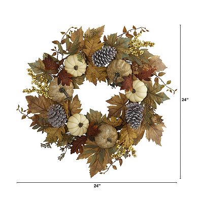 nearly natural 24" Fall Pumpkins, Pine Cones and Berries Artificial Wreath