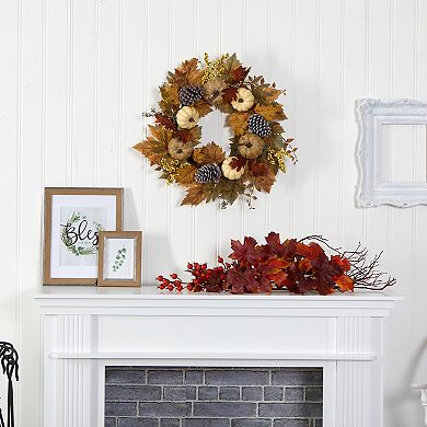 nearly natural 24" Fall Pumpkins, Pine Cones and Berries Artificial Wreath