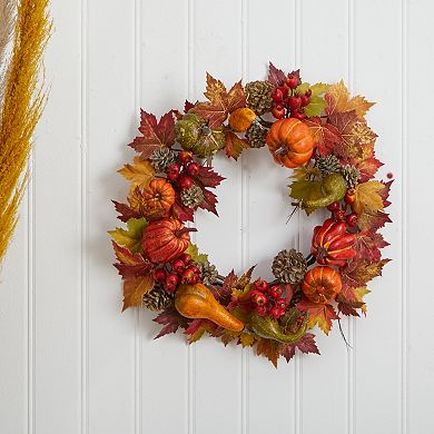 nearly natural 24" Pumpkin, Gourd, Berry and Maple Leaf Artificial Wreath