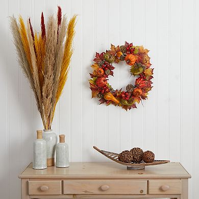 nearly natural 24" Pumpkin, Gourd, Berry and Maple Leaf Artificial Wreath