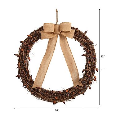 nearly natural 30" Fall Acorn and Decorative Bow Autumn Wreath