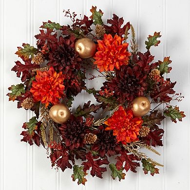 nearly natural 24" Fall Dahlia, Golden Apple, Oak Leaf and Berries Artificial Wreath