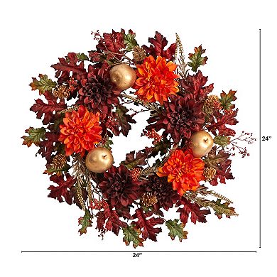 nearly natural 24" Fall Dahlia, Golden Apple, Oak Leaf and Berries Artificial Wreath