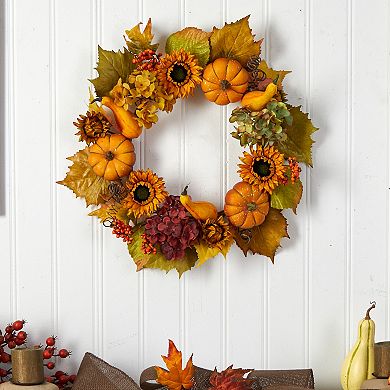 nearly natural 22" Autumn Hydrangea, Pumpkin and Sunflower Artificial Wreath