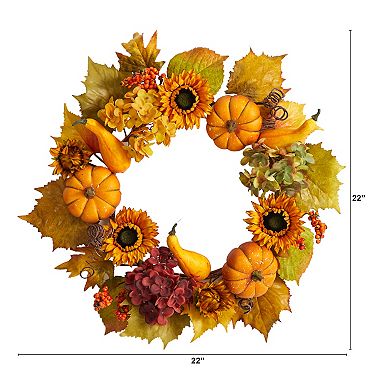 nearly natural 22" Autumn Hydrangea, Pumpkin and Sunflower Artificial Wreath