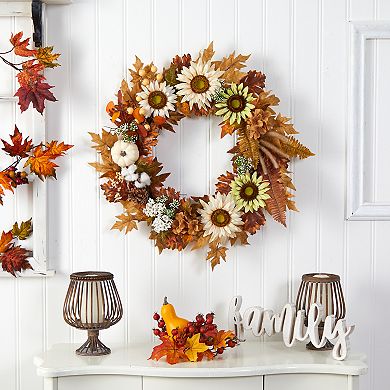 nearly natural 30" Autumn Sunflower, White Pumpkin and Berries Artificial Wreath