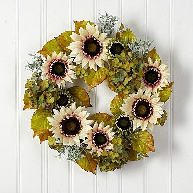 nearly natural 24" White Sunflower and Hydrangea Artificial Wreath