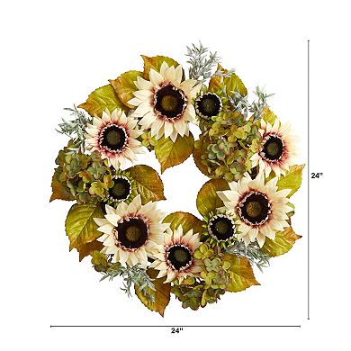 nearly natural 24" White Sunflower and Hydrangea Artificial Wreath