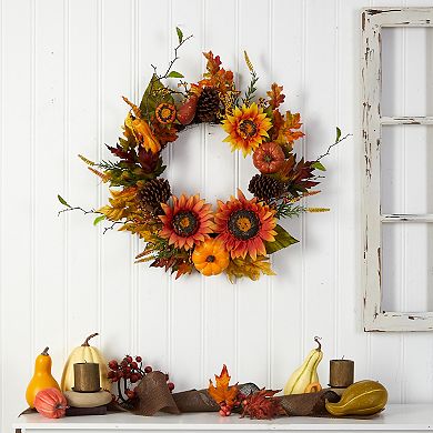nearly natural 24" Fall Sunflower, Pumpkin, Gourds, Pinecone and Berries Artificial Wreath