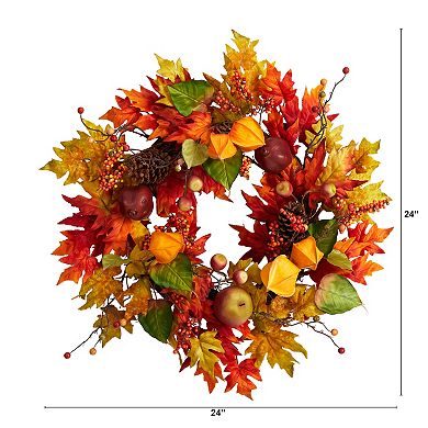 nearly natural 24" Autumn Maple Leaf and Berries Artificial Wreath