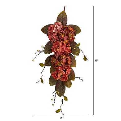 nearly natural 35" Artificial Autumn Hydrangea and Berry Teardrop Wall Décor