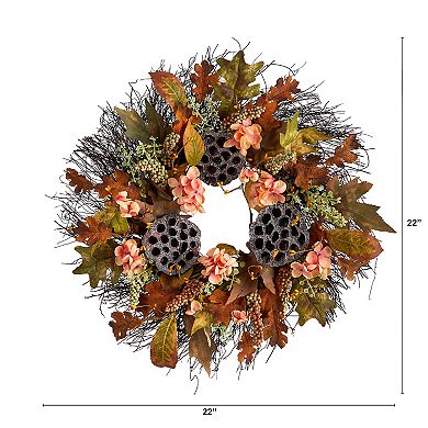 nearly natural 22" Artificial Hydrangea, Dried Lotus Pod Autumn Wreath