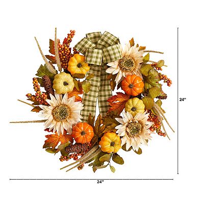 nearly natural 24" Artificial Pumpkin and Sunflower Autumn Wreath with Decorative Ribbon