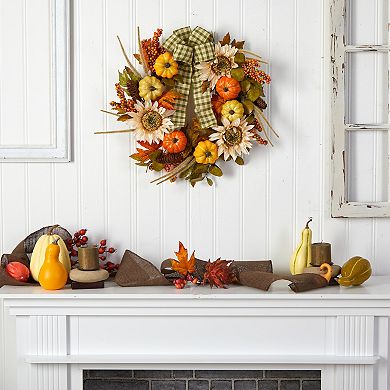 nearly natural 24" Artificial Pumpkin and Sunflower Autumn Wreath with Decorative Ribbon