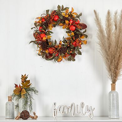 nearly natural 26" Artificial Persimmon and Pinecones Autumn Wreath