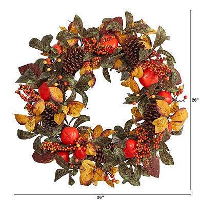 nearly natural 26" Artificial Persimmon and Pinecones Autumn Wreath