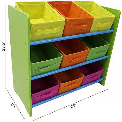 eHemco 3 Tier Wooden Frame Storage Unit with 9 Removable Fabric Bins, Yellow, Green, Purple, Orange