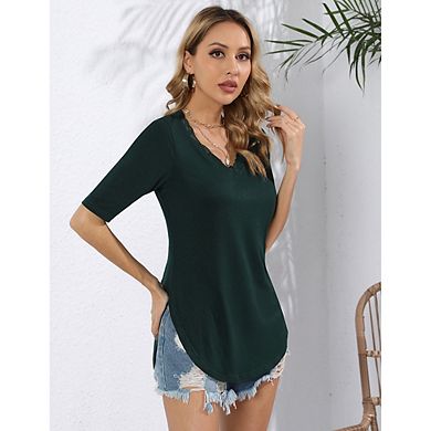 Women Lace Trim V Neck Tshirt Half Sleeve Blouse Basic Tees Summer Tunic Solid Casual Tops