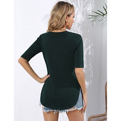 Women Lace Trim V Neck Tshirt Half Sleeve Blouse Basic Tees Summer Tunic Solid Casual Tops