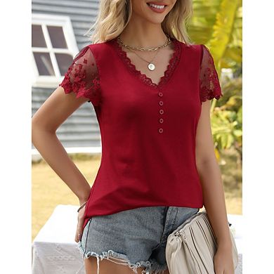 Women Crochet Lace Basic V-Neck T-Shirt Short Sleeve Loose Blouse Flowy Top