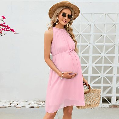 Maternity Ruffle Halter Neck Dress Summer Casual Boho Sleeveless High Waisted Flowy Midi Dress