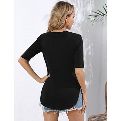Women Lace Trim V Neck Tshirt Half Sleeve Blouse Basic Tees Summer Tunic Solid Casual Tops