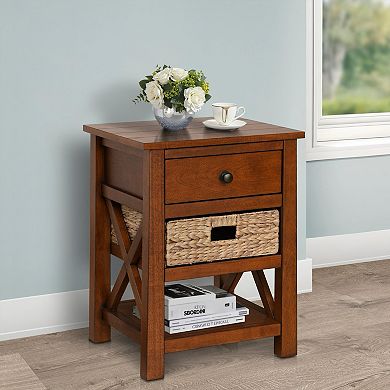 eHemco X-Side Solid End Table Nightstand with Drawer, 2 Storage Shelves and Wicker Basket