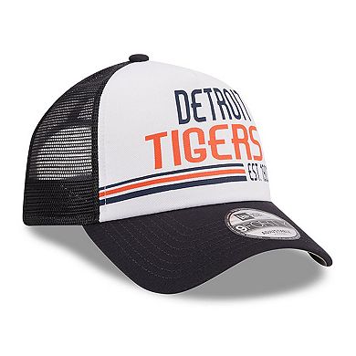 Men's New Era White/Navy Detroit Tigers Stacked A-Frame Trucker 9FORTY Adjustable Hat