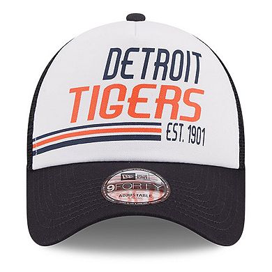 Men's New Era White/Navy Detroit Tigers Stacked A-Frame Trucker 9FORTY Adjustable Hat