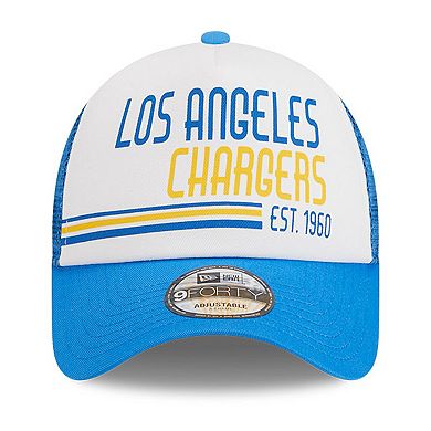 Men's New Era White/Powder Blue Los Angeles Chargers Stacked A-Frame Trucker 9FORTY Adjustable Hat