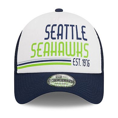 Men's New Era White/College Navy Seattle Seahawks Stacked A-Frame Trucker 9FORTY Adjustable Hat