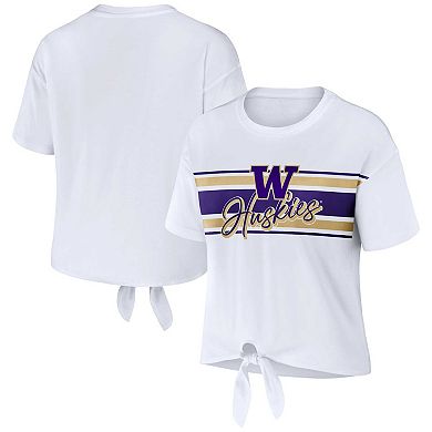 Women's WEAR by Erin Andrews White Washington Huskies Striped Front Knot Cropped T-Shirt