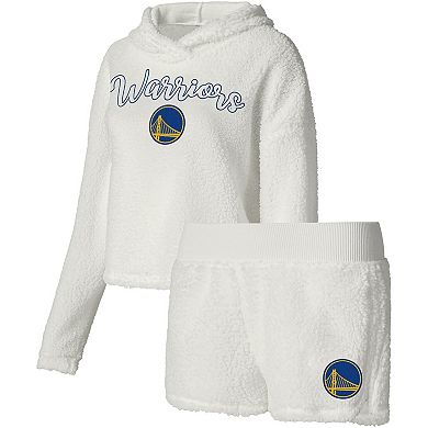 Women's College Concepts Cream Golden State Warriors Fluffy Long Sleeve Hoodie T-Shirt & Shorts Sleep Set