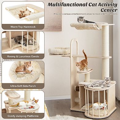 55 Inch Tall Multi-Level Cat Tree with Washable Removable Cushions-Natural