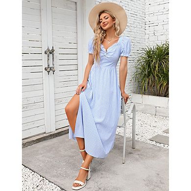 Women's Summer Dress Square Neck Short Sleeve Ruffle Smocked Beach A Line Maxi Dress Blue