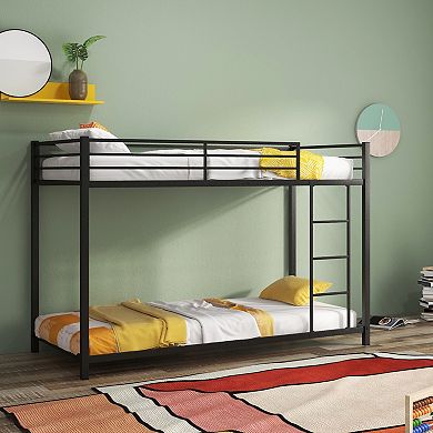 Low Profile Twin Over Twin Metal Bunk Bed With Full-length Guardrails