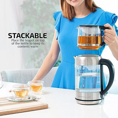 Ovente 1.7-Liter Electric Glass Hot Water Kettle with ProntoFill Technology, with Reusable Teapot Infuser