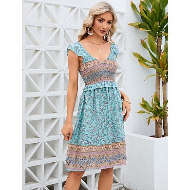 Women's Large Short Sleeve V Neck Floral Printed Ruffle A-line Midi Dress