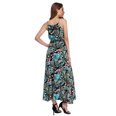 Womens V Neck Adjustable Spaghetti Strap Dress Sleeveless Boho Beach Floral Maxi Dress With Pockets