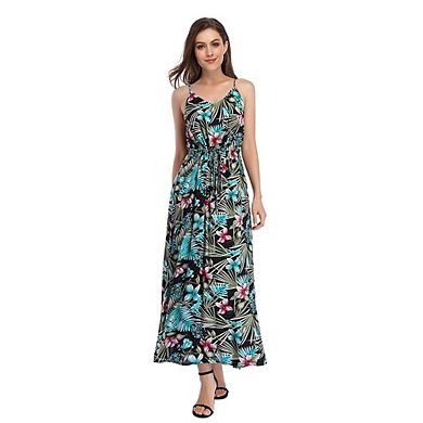 Womens V Neck Adjustable Spaghetti Strap Dress Sleeveless Boho Beach Floral Maxi Dress With Pockets