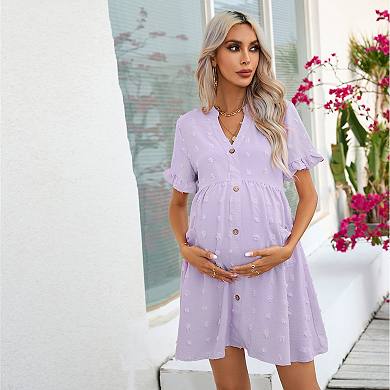Maternity Swiss Dot Dress Summer V Neck Short Sleeve Button Down Mini Dress With Pockets