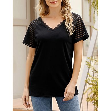 Women's V-neck Short Sleeve tops Blouse Summer Solid Color Lace Stitching See-through Mesh Shirt