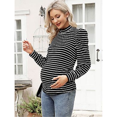 Women's Knit Ribbed Maternity Top Mock Neck Long Sleeve Shirts Pregnant Ruched Tunic Pullover Top