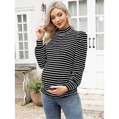 Women's Knit Ribbed Maternity Top Mock Neck Long Sleeve Shirts Pregnant Ruched Tunic Pullover Top