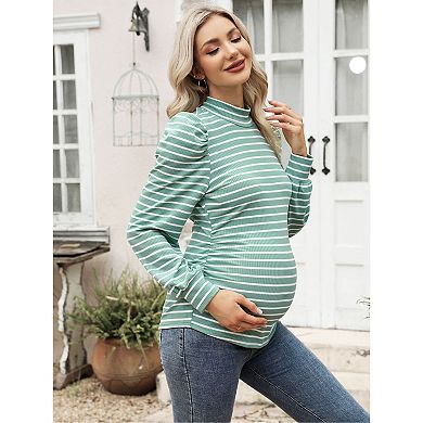 Women's Knit Ribbed Maternity Top Mock Neck Long Sleeve Shirts Pregnant Ruched Tunic Pullover Top