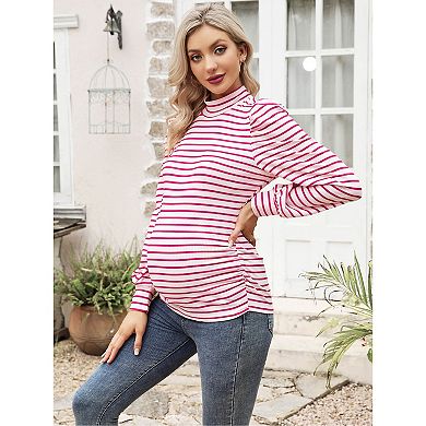 Women's Knit Ribbed Maternity Top Mock Neck Long Sleeve Shirts Pregnant Ruched Tunic Pullover Top