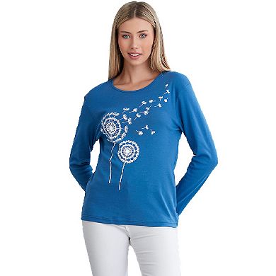 Long Sleeve Scoop Neck Blue T-shirt For Women In Dandelion Print